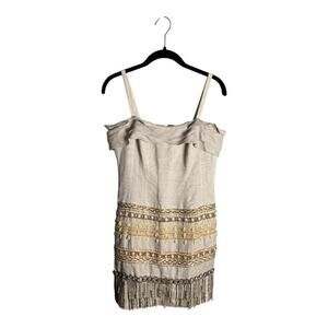 Nanette Lepore Tan Mini Dress With Beaded Detailing and Zippered Back Size 2